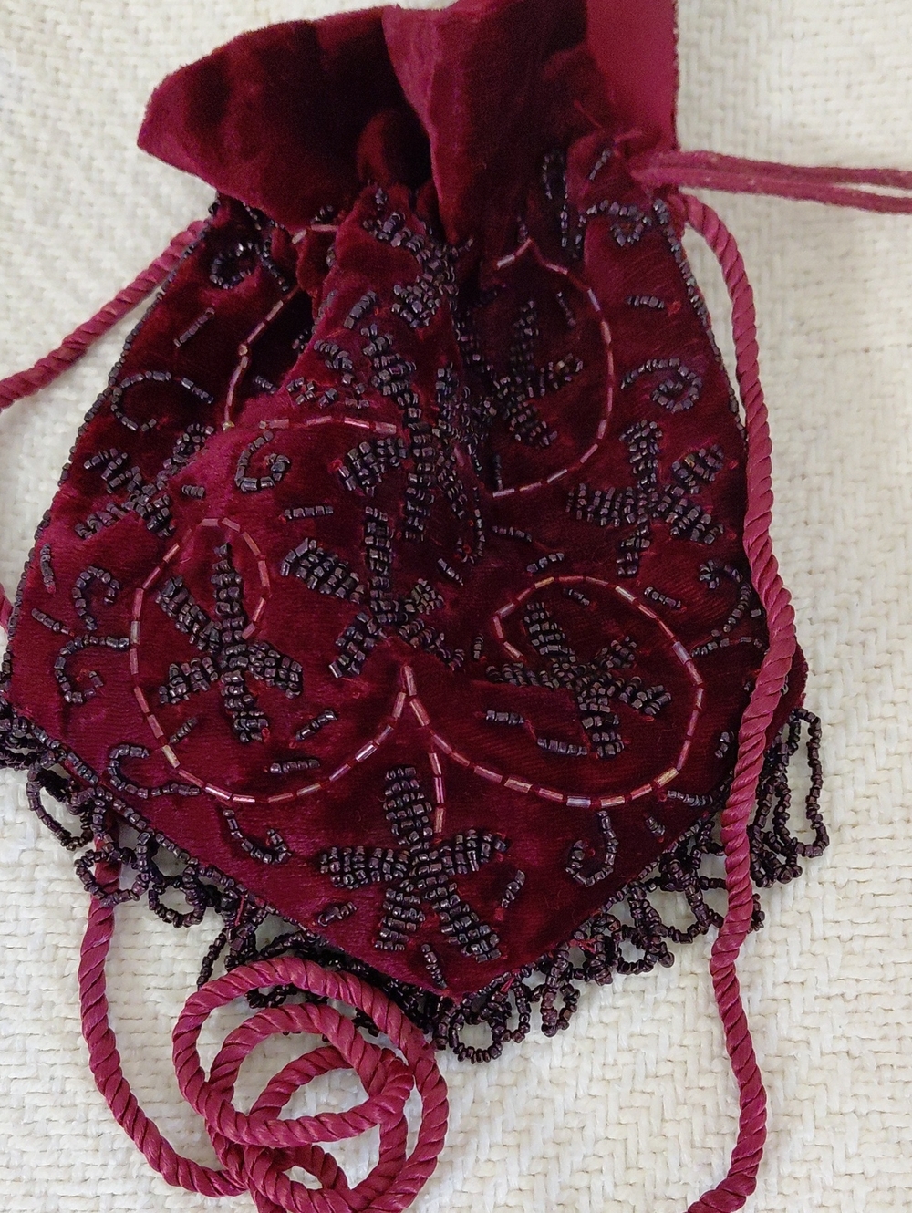 Hand-Beaded Burgundy Velvet Drawstring Mini Bag